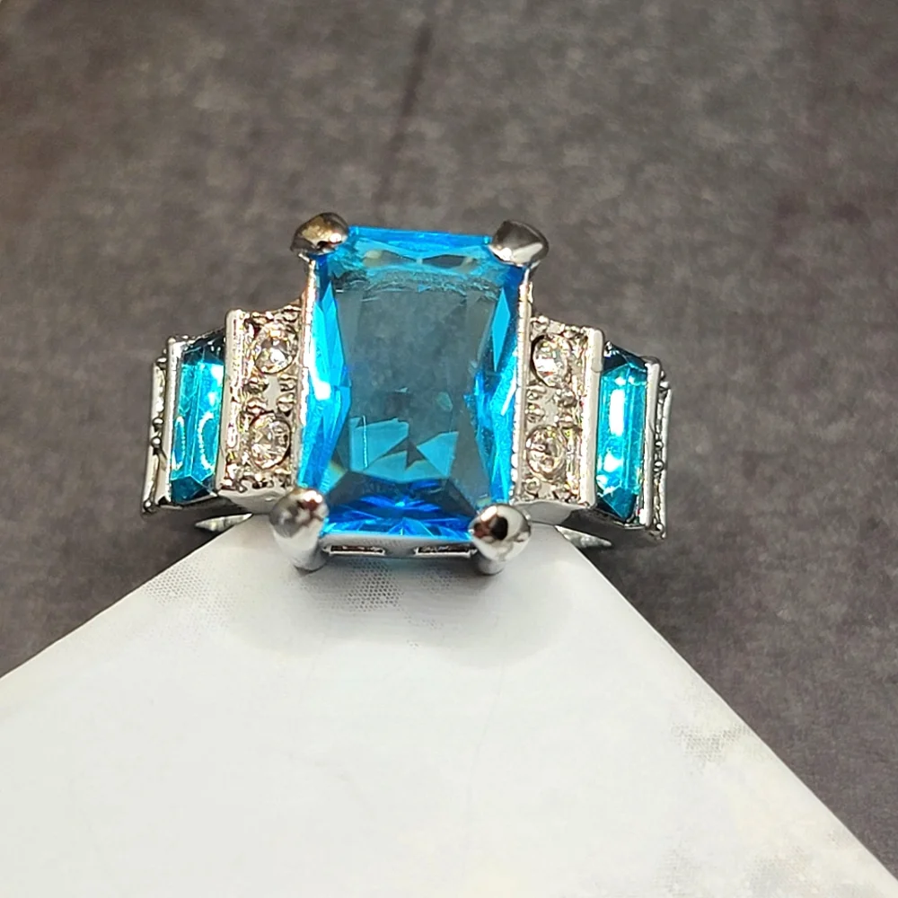 Silver Tone Simulated Blue Topaz Gemstone Ring